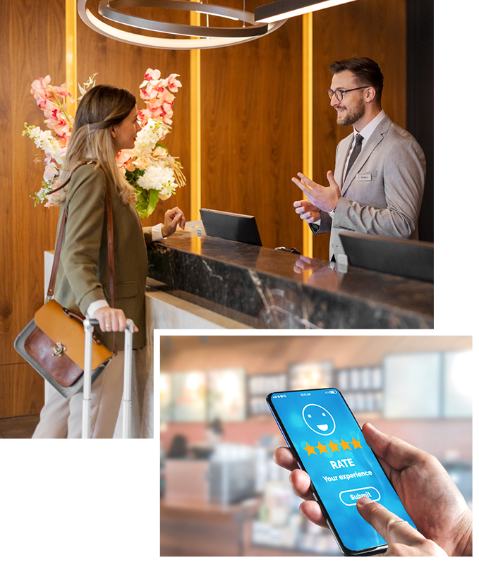 JCB-Website-rebranding-image Front Desk and mobile device with ratings app